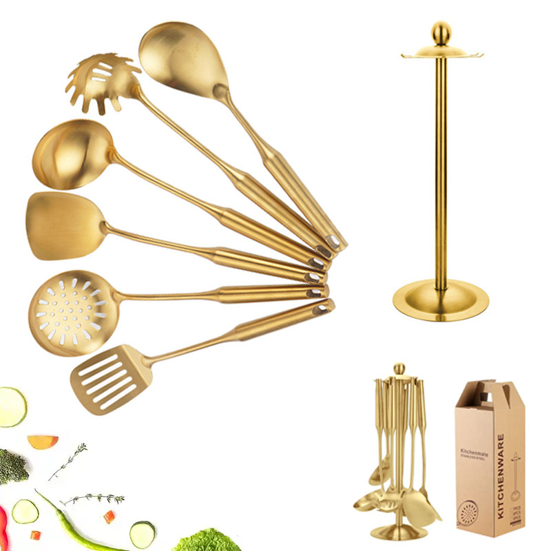 Wholesale Heat Resistant Metal Cooking Baking Cookwares Tool Accessories Reusable Stainless Steel Gold Kitchen Utensil Set