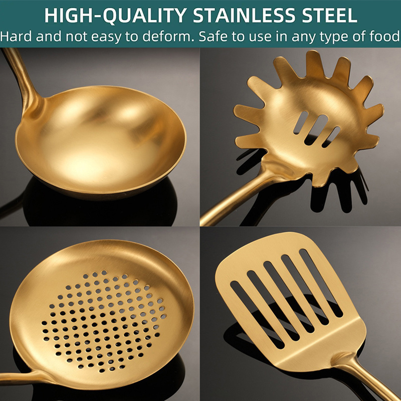 Wholesale Heat Resistant Metal Cooking Baking Cookwares Tool Accessories Reusable Stainless Steel Gold Kitchen Utensil Set