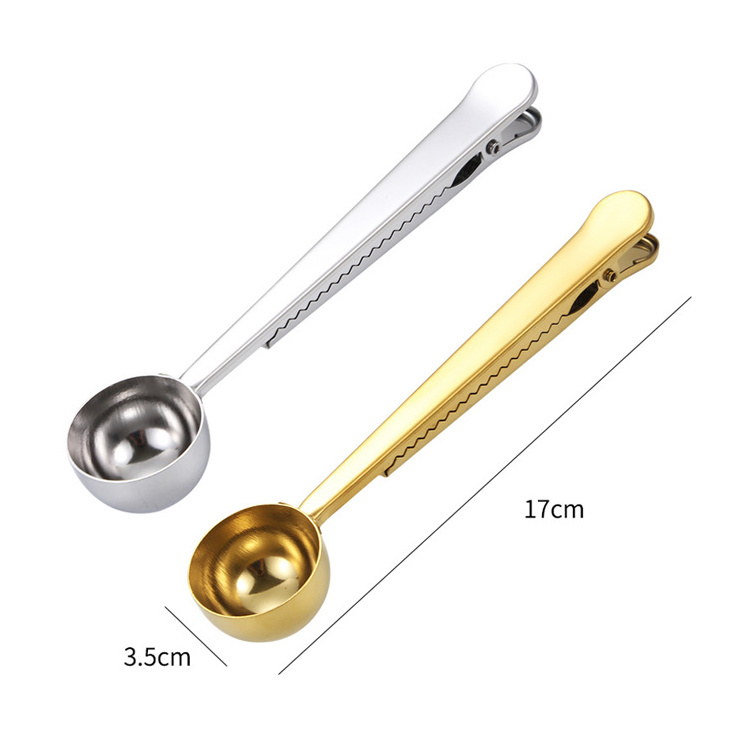 Custom Metal Gold Spoon 2 in 1 Stainless Steel Coffee Spoon Measuring Spoon Clip Kitchen Mini Coffee Scoop with Seal Bag Clip