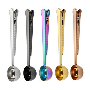 Custom Metal Gold Spoon 2 in 1 Stainless Steel Coffee Spoon Measuring Spoon Clip Kitchen Mini Coffee Scoop with Seal Bag Clip