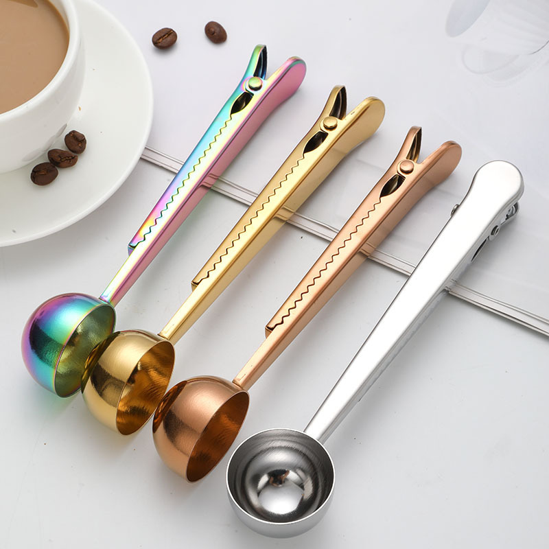 Custom Metal Gold Spoon 2 in 1 Stainless Steel Coffee Spoon Measuring Spoon Clip Kitchen Mini Coffee Scoop with Seal Bag Clip