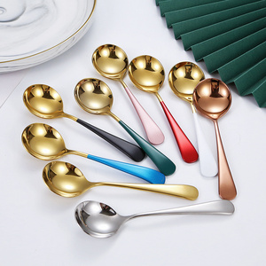 Korean Dessert Spoon Stainless Steel 1810 Silverware Gold Wedding Cutlery Silver Bouillon Ramen Serving Round Soup Spoons Set