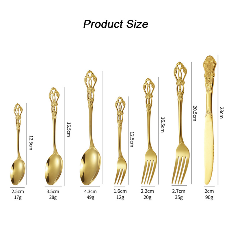 Baroque Royal Restaurant Silverware Luxury Set Hollow Handle Stainless Steel Flatware Spoon Set Vintage Wedding Gold Cutlery