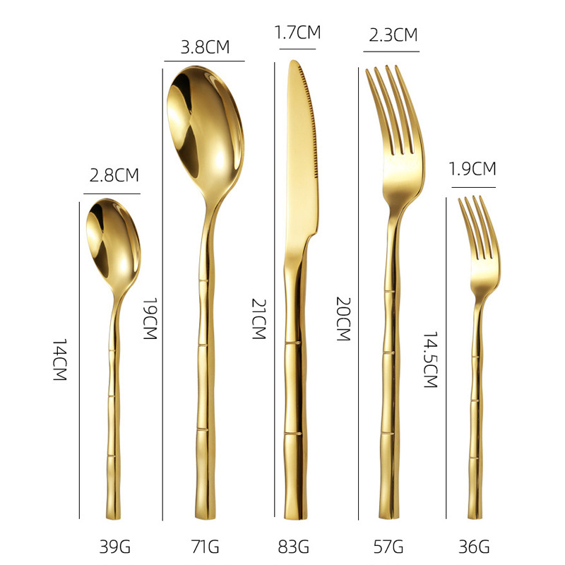 Talheres Dourado Silverware Set Spoon Fork Knife Stainless Steel Cutlery Set Bamboo Shaped Handle Wedding Bulk Gold Flatware