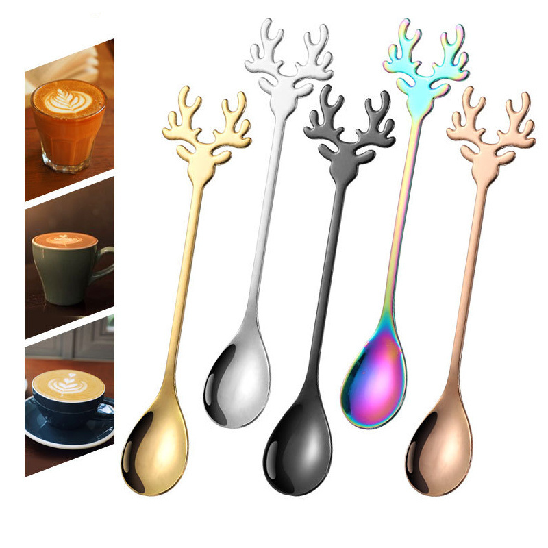 Nordic Christmas Events Colorful Metal Antler Handle Dessert Spoon Cute Cartoon Deer Stainless Steel 304 Gold Tea Coffee Spoons