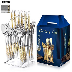 Royal Wedding Silverware Gold Luxury High Quality Stainless Steel Flatware Cutlery Set 24pcs With Metal Rack Holder