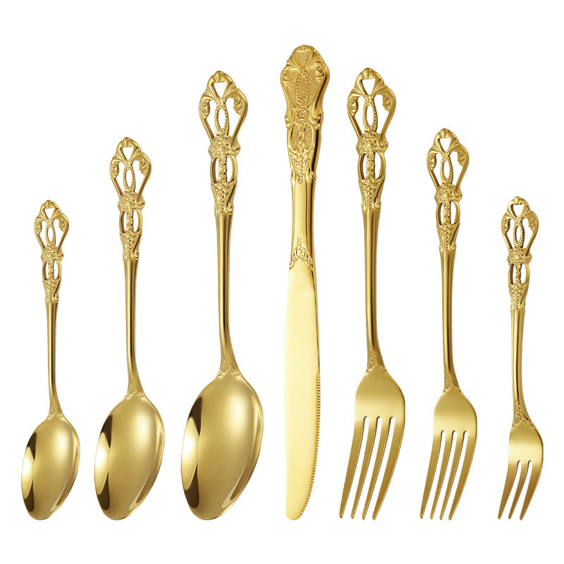 Baroque Royal Restaurant Silverware Luxury Set Hollow Handle Stainless Steel Flatware Spoon Set Vintage Wedding Gold Cutlery