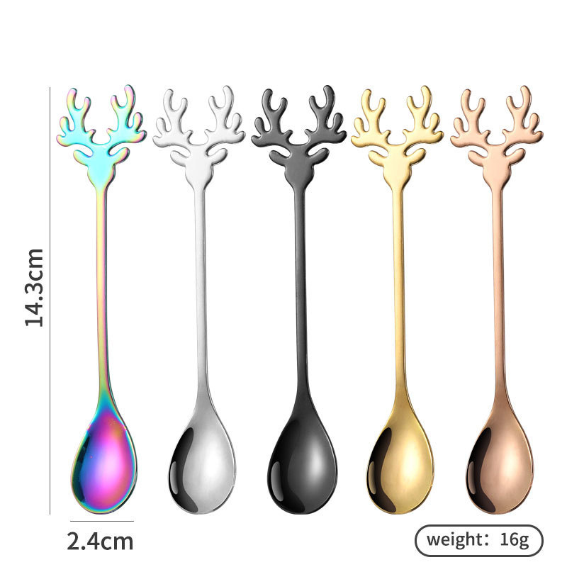 Nordic Christmas Events Colorful Metal Antler Handle Dessert Spoon Cute Cartoon Deer Stainless Steel 304 Gold Tea Coffee Spoons