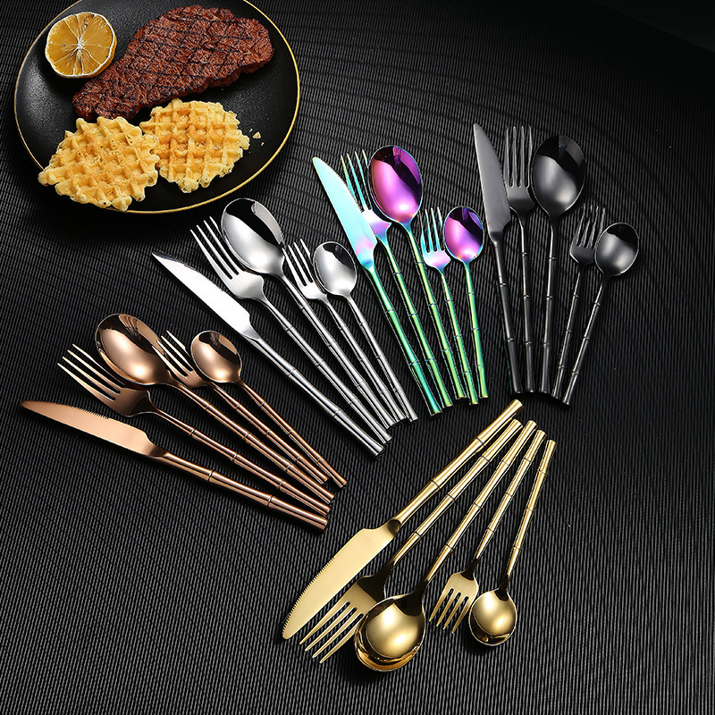 Talheres Dourado Silverware Set Spoon Fork Knife Stainless Steel Cutlery Set Bamboo Shaped Handle Wedding Bulk Gold Flatware