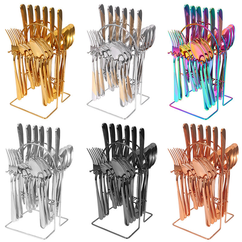 Royal Wedding Silverware Gold Luxury High Quality Stainless Steel Flatware Cutlery Set 24pcs With Metal Rack Holder