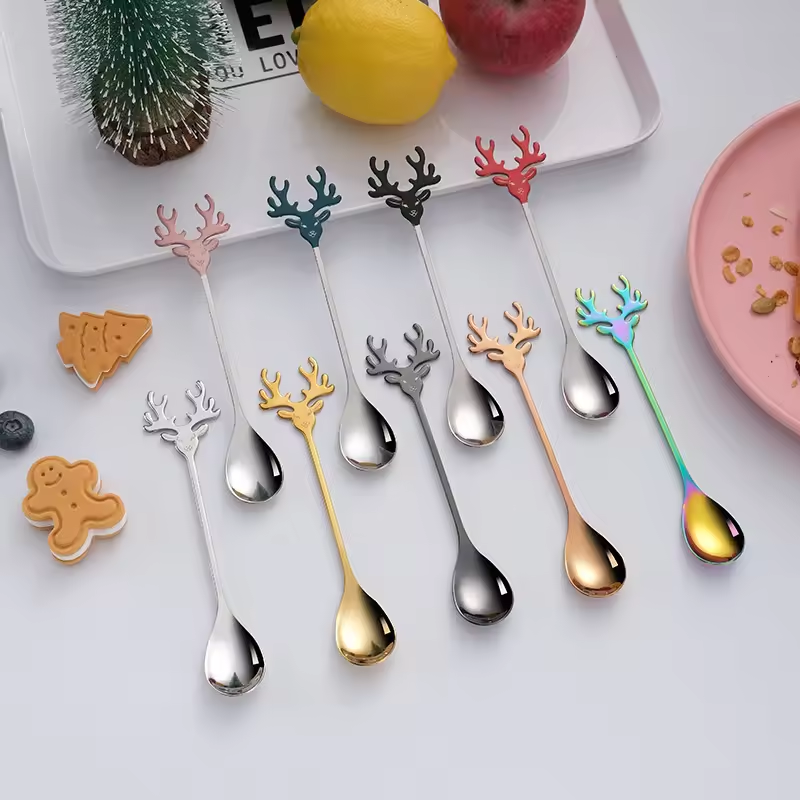 Nordic Christmas Events Colorful Metal Antler Handle Dessert Spoon Cute Cartoon Deer Stainless Steel 304 Gold Tea Coffee Spoons