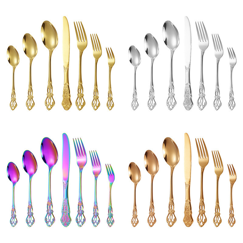 Baroque Royal Restaurant Silverware Luxury Set Hollow Handle Stainless Steel Flatware Spoon Set Vintage Wedding Gold Cutlery