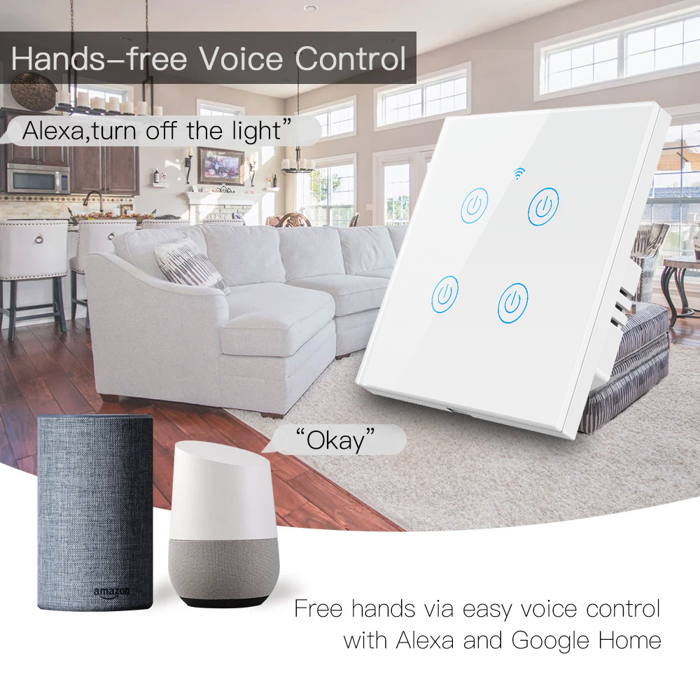 Tuya Alexa luxury 4 gang wifi icon smart life tempered glass app controlled electric wall wifi light switch touch switch