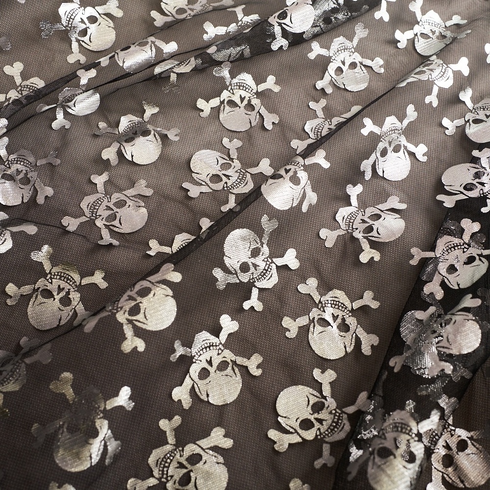 High Quality Hot Sale Soft 2023 Tulle Tutu Dress Sliver Skull Stamping Foil Print Fabric For Dress Cloth