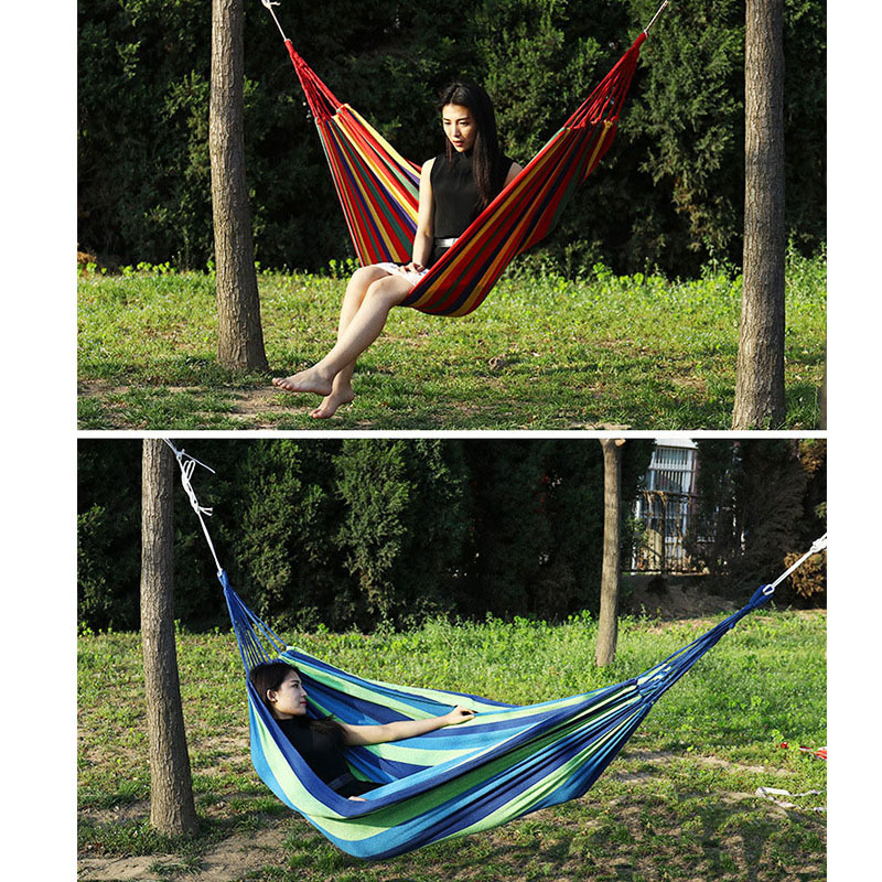 Outdoor Portable Thick Canvas Hammock Camping Garden Folding Single Double Hammock with Tree Straps Wooden Stick Swing Hanging