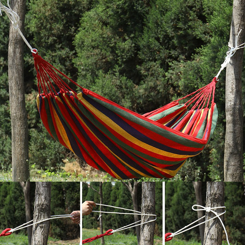 Outdoor Portable Thick Canvas Hammock Camping Garden Folding Single Double Hammock with Tree Straps Wooden Stick Swing Hanging