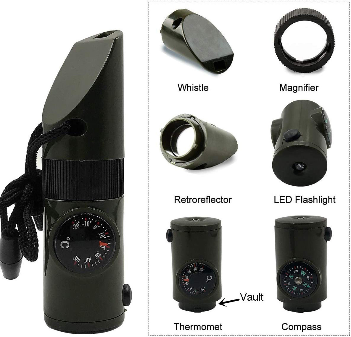 SOS Kit 7 in 1 Multifunctional outdoor Emergency survival Whistle with Compass Thermometer Flashlight Signal Mirror