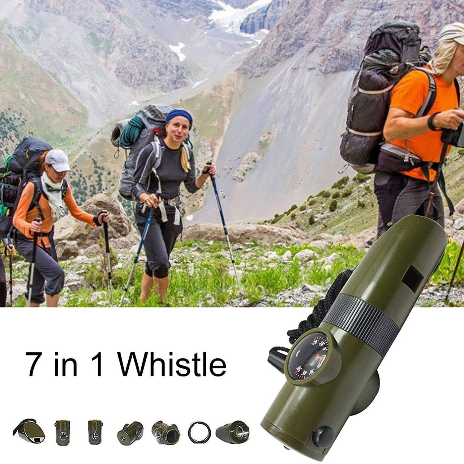 SOS Kit 7 in 1 Multifunctional outdoor Emergency survival Whistle with Compass Thermometer Flashlight Signal Mirror