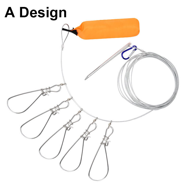 Fishing Tackle Stringer Clip Fish Lock Stainless Steel Rope Fish Lock with Float 5 Metal Snaps