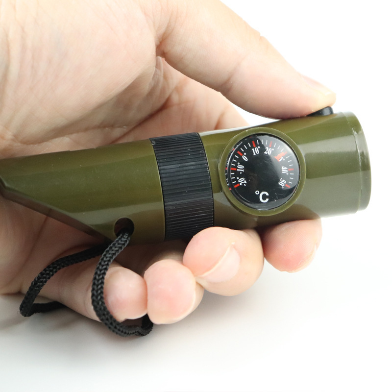 SOS Kit 7 in 1 Multifunctional outdoor Emergency survival Whistle with Compass Thermometer Flashlight Signal Mirror