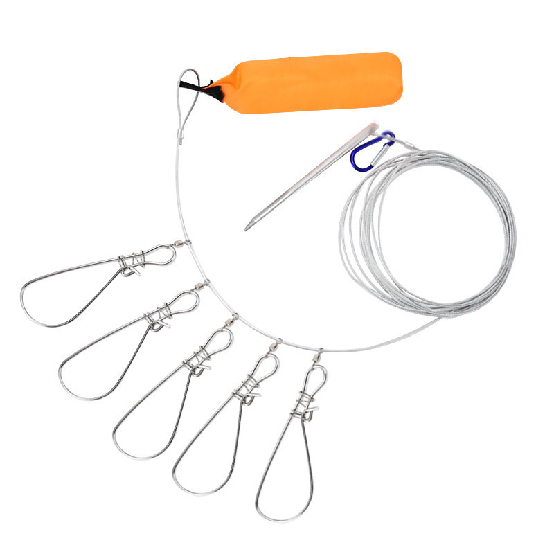 Fishing Tackle Stringer Clip Fish Lock Stainless Steel Rope Fish Lock with Float 5 Metal Snaps