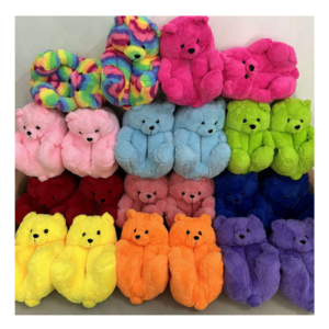 christmas winter shoes cartoon plush teddy bear furry flip flop shoes slippers for women girls