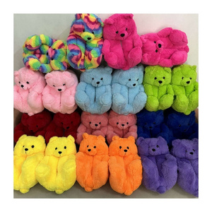 Teddy Bear women christmas plush slippers Cartoon Cute Bear House Slipper Furry Faux Fur Slides Woman Furry Flip Flop Shoes