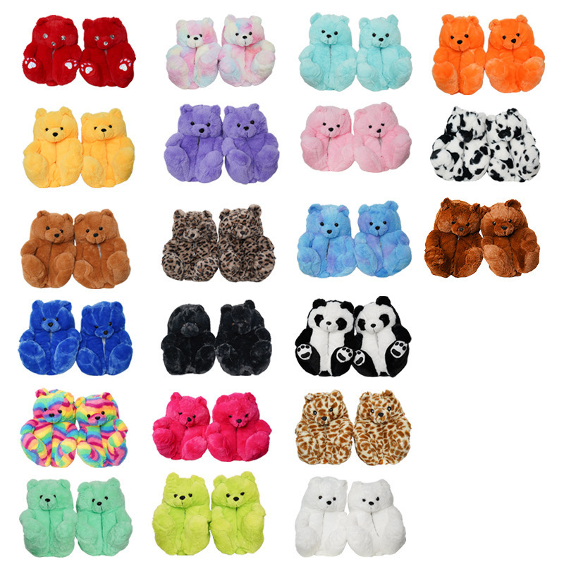 Teddy Bear women christmas plush slippers Cartoon Cute Bear House Slipper Furry Faux Fur Slides Woman Furry Flip Flop Shoes