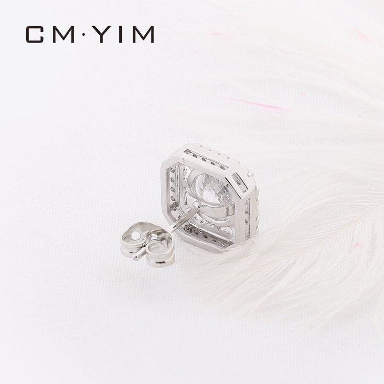 CM YIM Jewelry Platinum WHITE STONE CZ Ear Studs square Zirconia Earrings women's jewelry cheap price