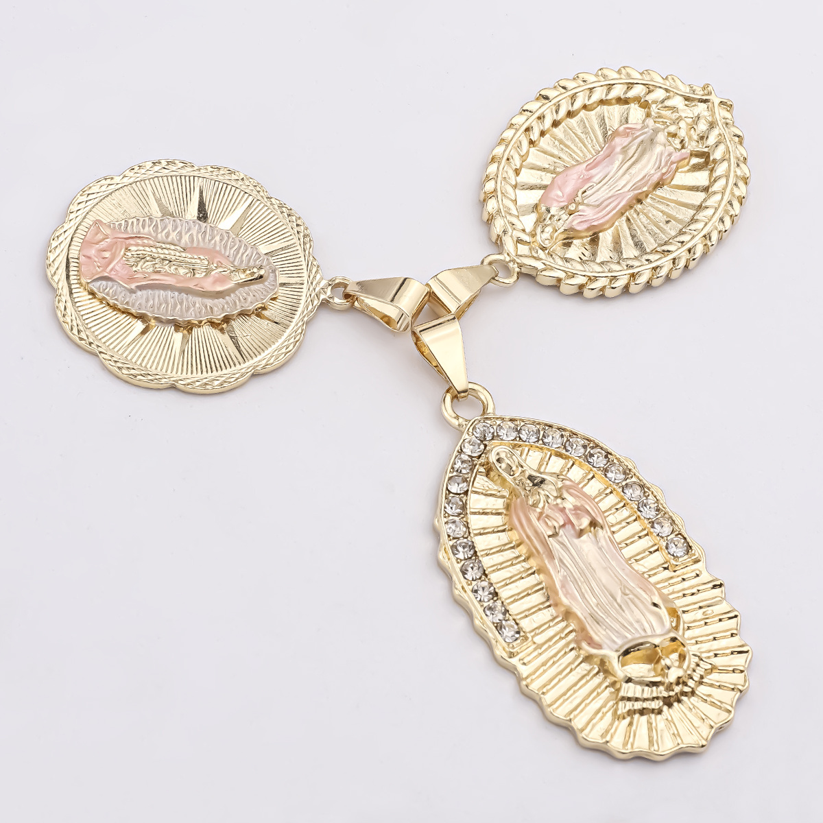 Oro laminado dije custom 14K religious catholic pendant charms jesus necklace three tone virgen de guadalupe virgin Mary pendant