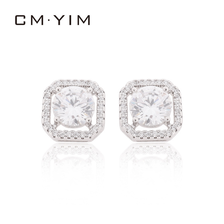 CM YIM Jewelry Platinum WHITE STONE CZ Ear Studs square Zirconia Earrings women's jewelry cheap price