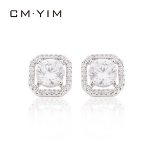 CM YIM Jewelry Platinum WHITE STONE CZ Ear Studs square Zirconia Earrings women's jewelry cheap price