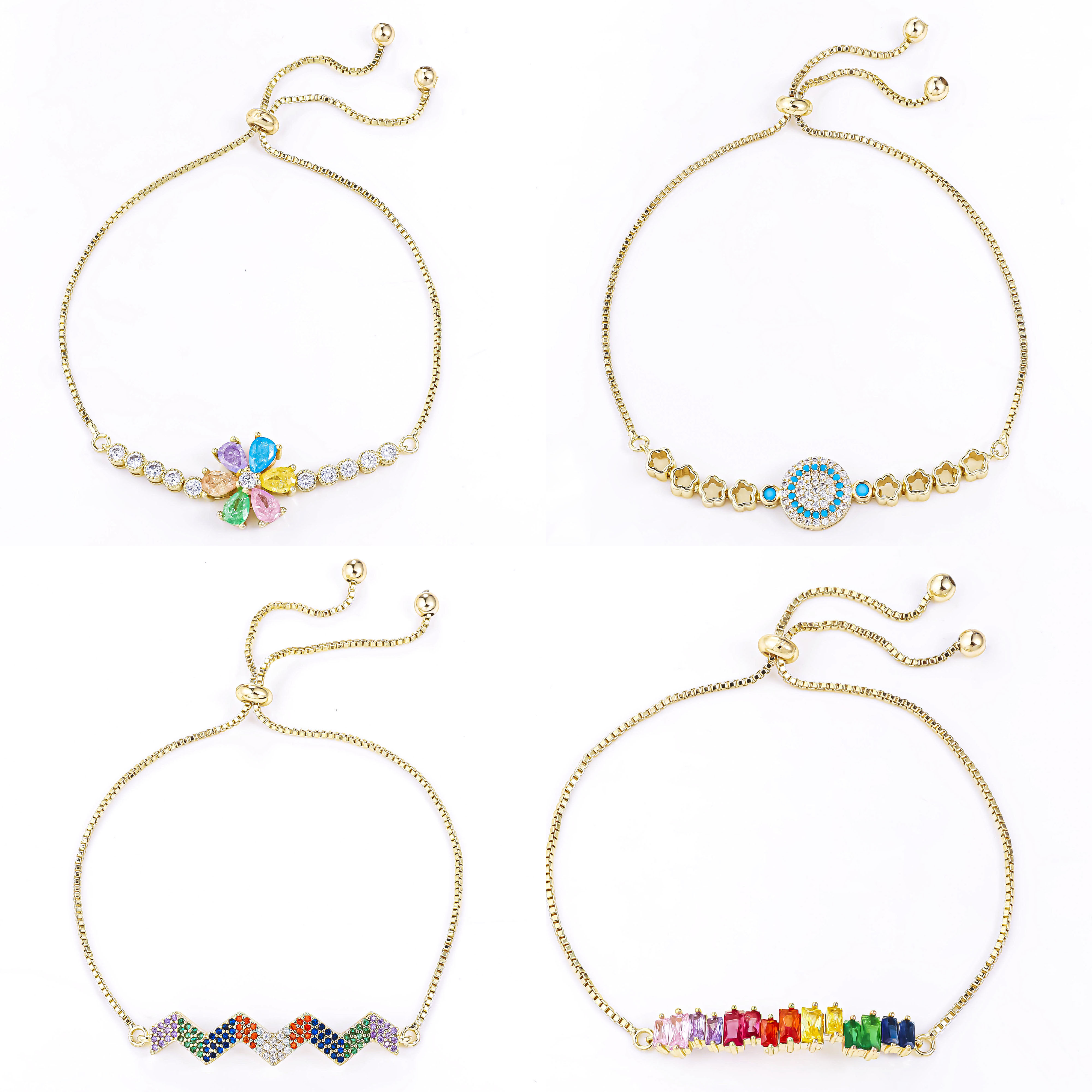 CM fashion jewelry wholesale 14K gold plated oro laminado pulseras women colorful cubic zirconia femme chain adjustable bracelet