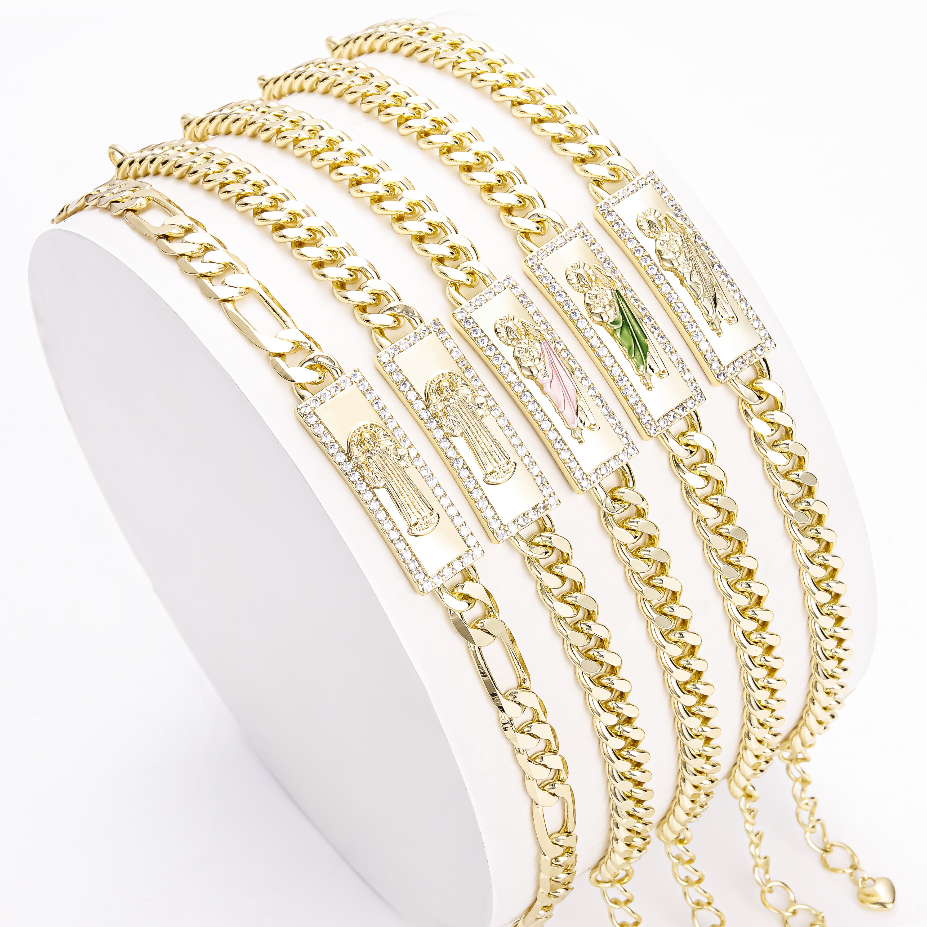 CM YIM Custom fashion jewelry Green San Judas Tadeo bracelet 14k gold plating cuban figaro chain religious pulsera wholesale