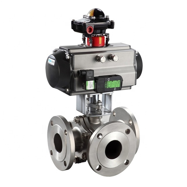 4 Inches SS304 SS316 3 Way L Type Pneumatic Flanged Ball valve with drawing