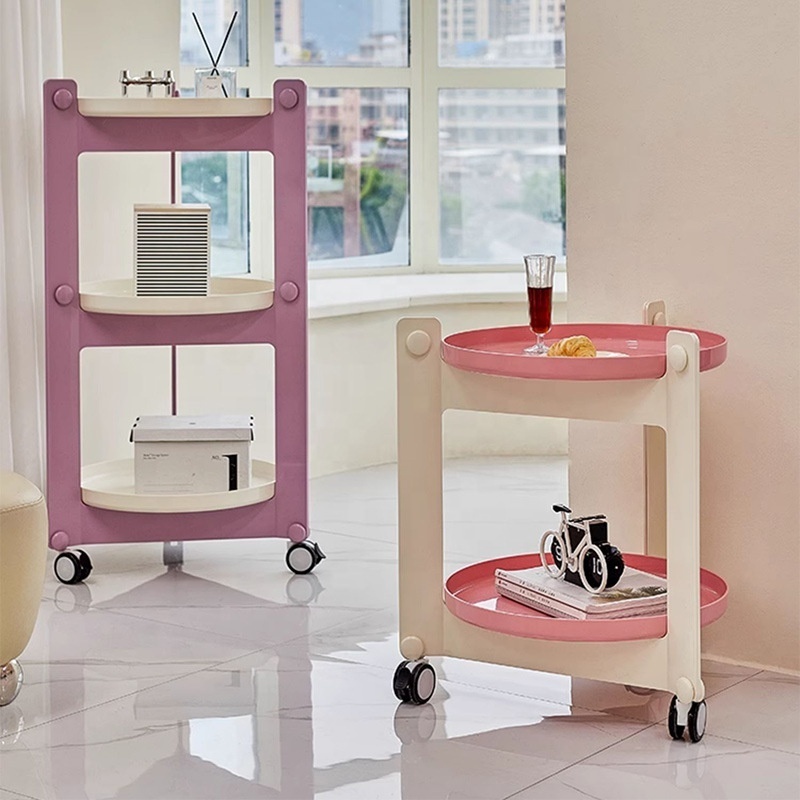 Country style plastic storage racks with wheels movable round side table Trolley and Bar Cart