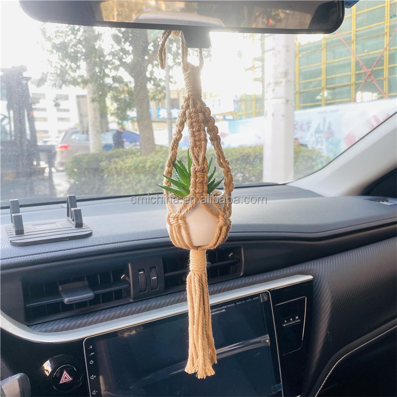 Mini Macrame Rear View Mirror Charm Cute Hanging Rearview Car Decor Boho Hanger with Artificial Succulent for Plant Lover