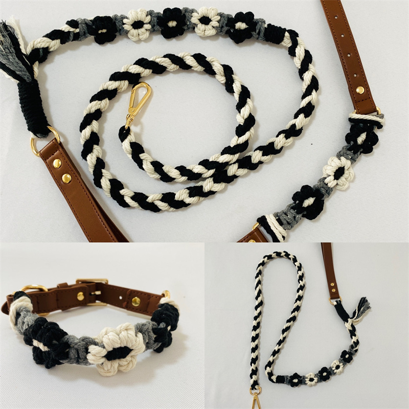 Cool black soft dog leashes Sturdy hands-free dog leash made of thick braided rope, dog collar and leash set