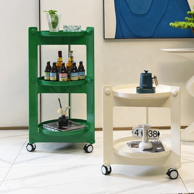 Country style plastic storage racks with wheels movable round side table Trolley and Bar Cart