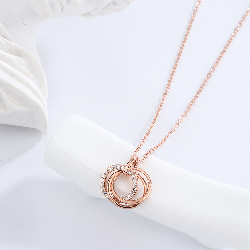 Luxury 925 Sterling Silver Double Ring Circle Couple Gold Plated Pendant Necklace