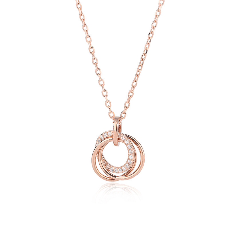 Luxury 925 Sterling Silver Double Ring Circle Couple Gold Plated Pendant Necklace