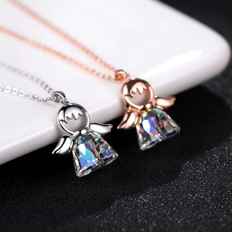 Hot selling 925 sterling silver angel cute and elegant Austrian crystal guardian corner pendant necklace for women