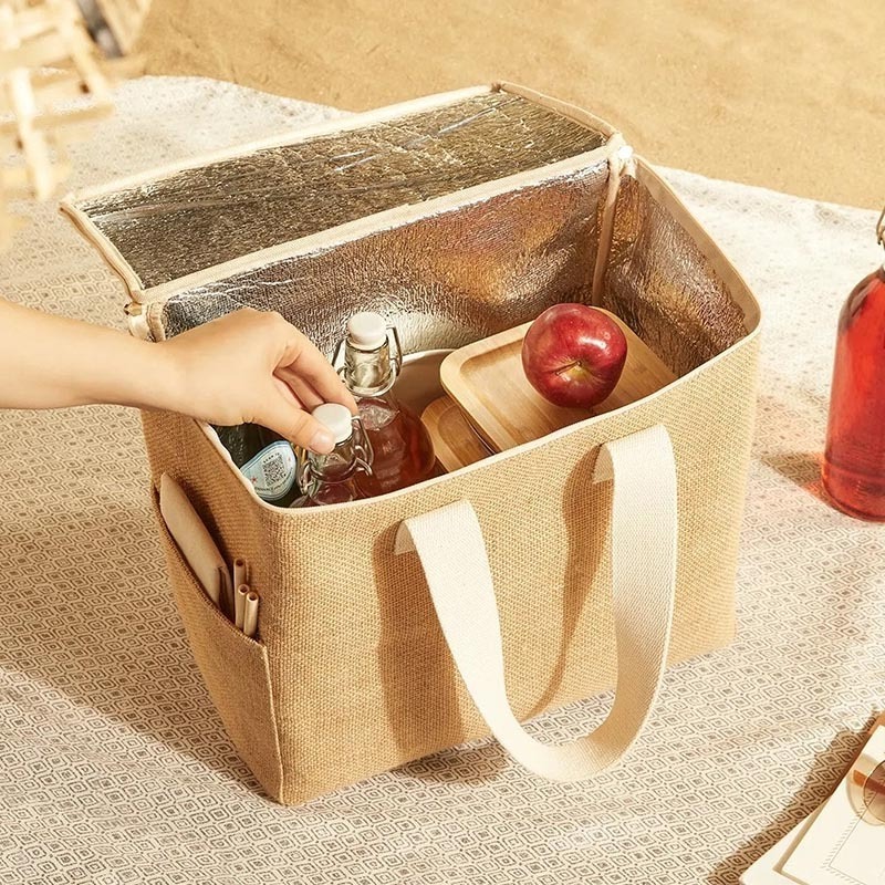 Customized Professional Outdoor Bag Food Delivery Picnic Camping Thermal Jute Insulated Cooler Bags