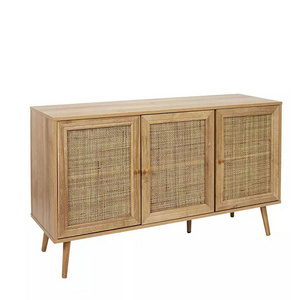 3 Doors 2 Layers Kd Type Mdf Wood Natural Rattan Wicker Wooden Storage Cabinet For Living Room Storage