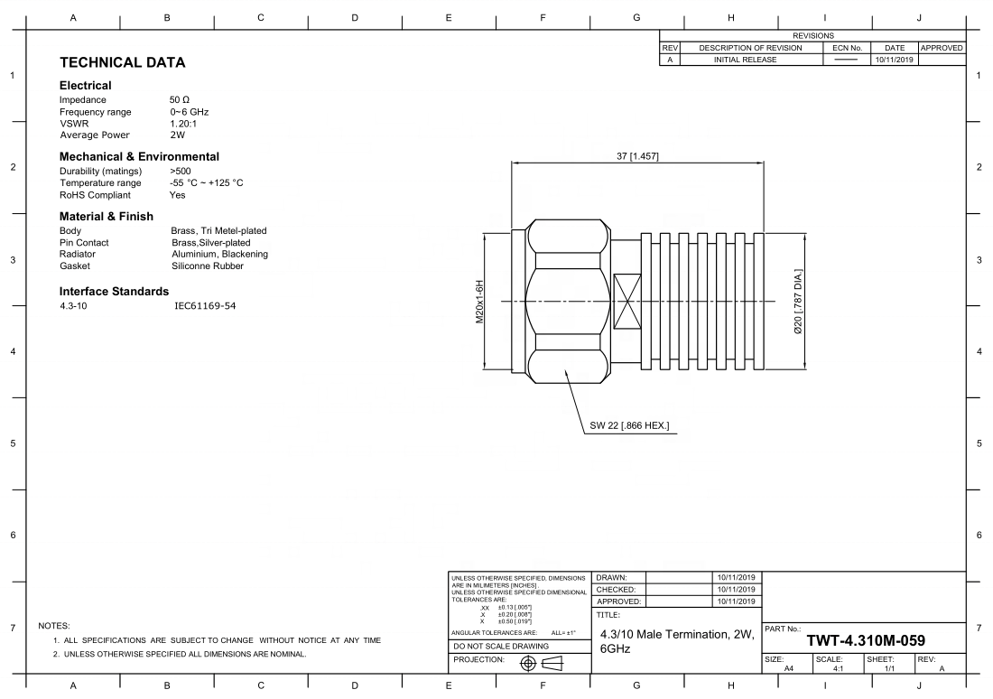 4.3-10 Male Termination 2Watts DC to 6GHz