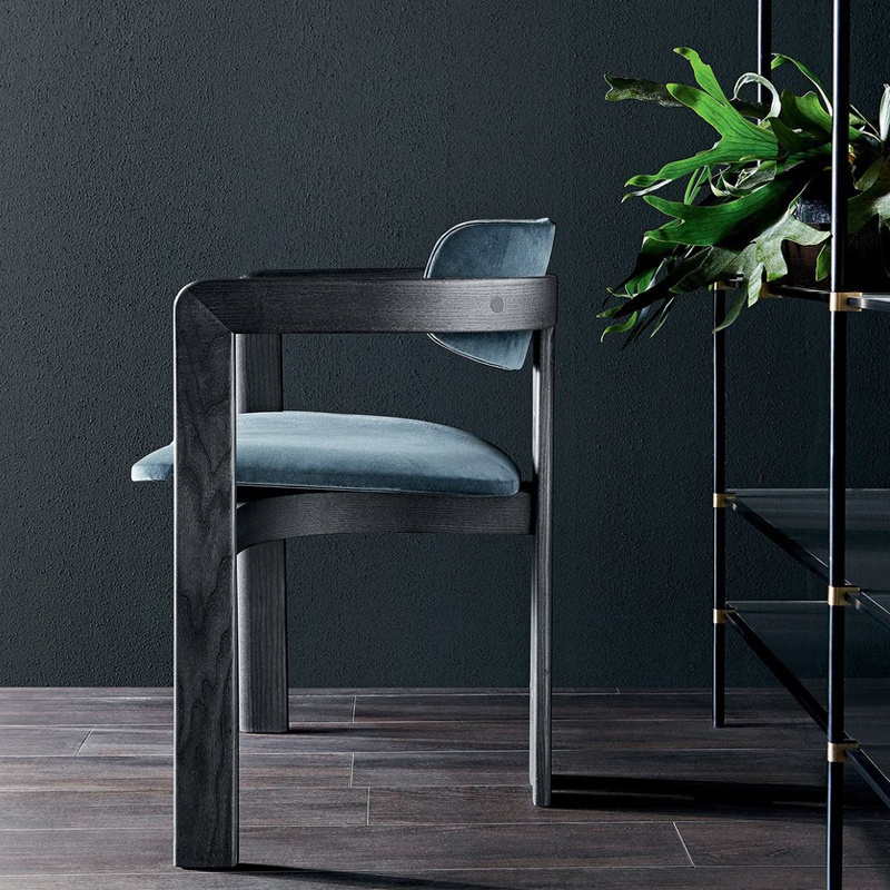 Black solid wood frame dining chairs with beige fabric Nordic Light luxury dining chair household back stool