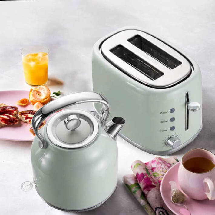 2020 new product 2 pieces fresh mint green Breakfast Set include 1.7L kettle,and 2 slice toaster with stainless steel housing