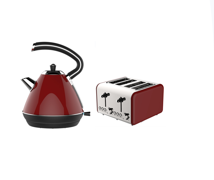 Office Home Use Stainless Steel Electric 1.7L Red Kettle and 4 Slice Sandwich Bread Toaster Set