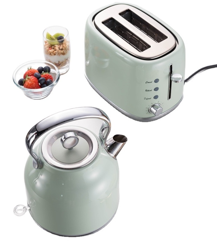 2020 new product 2 pieces fresh mint green Breakfast Set include 1.7L kettle,and 2 slice toaster with stainless steel housing