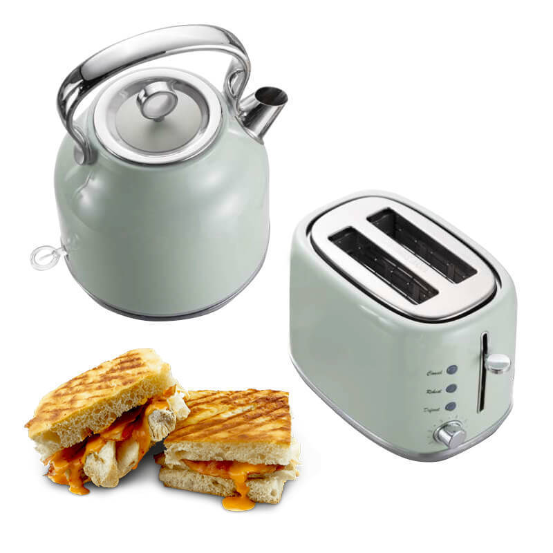 2020 new product 2 pieces fresh mint green Breakfast Set include 1.7L kettle,and 2 slice toaster with stainless steel housing